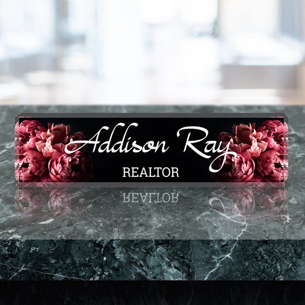 Personalized Flower Name Plate for Desk Floral - Clear Acrylic Glass Art  ACS8