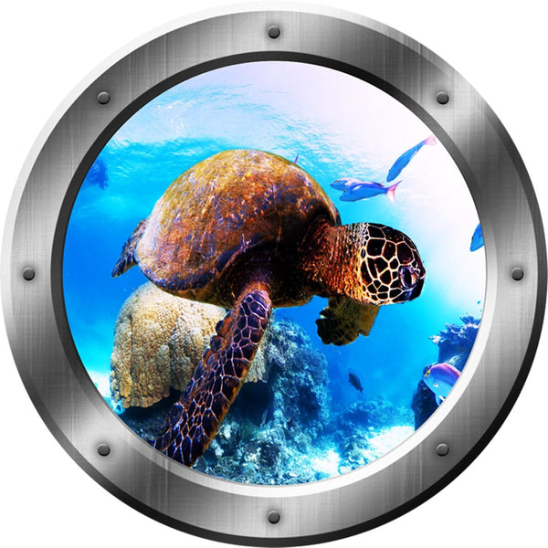 Sea Turtle Portrait, Turtle Wall Decal, Porthole, Underwater Ocean