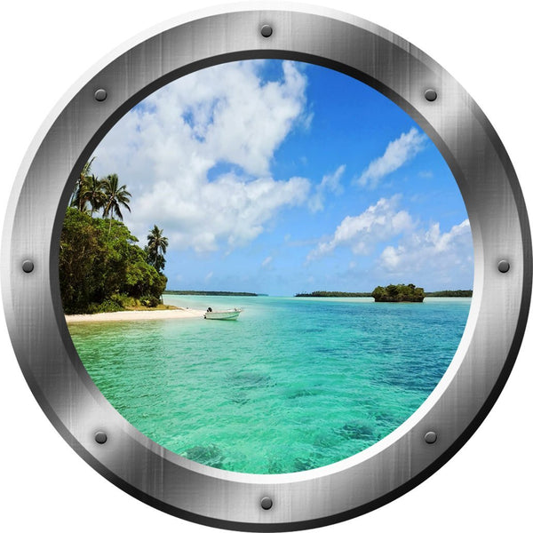 Ocean Beach Scene Peel and Stick Silver Porthole Vinyl Wall Decal VWAQ