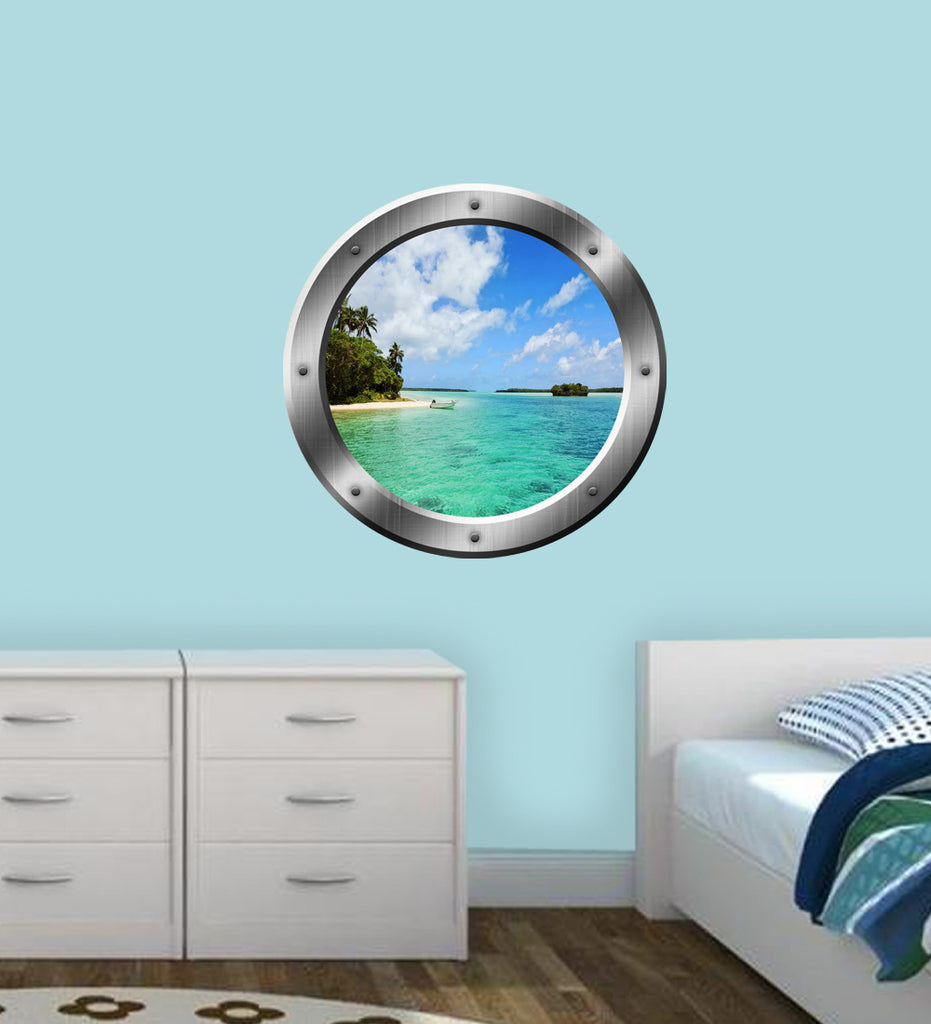 Ocean Beach Scene Peel and Stick Silver Porthole Vinyl Wall Decal VWAQ